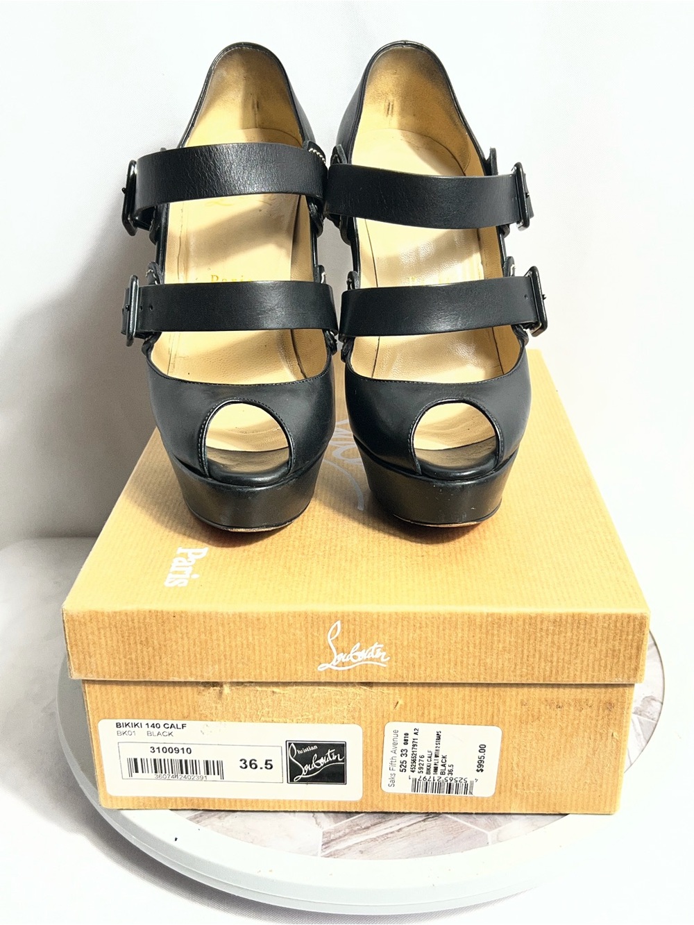 Christian Louboutin Bikiki 140 Black Leather Double Strap Platform Heels 36.5